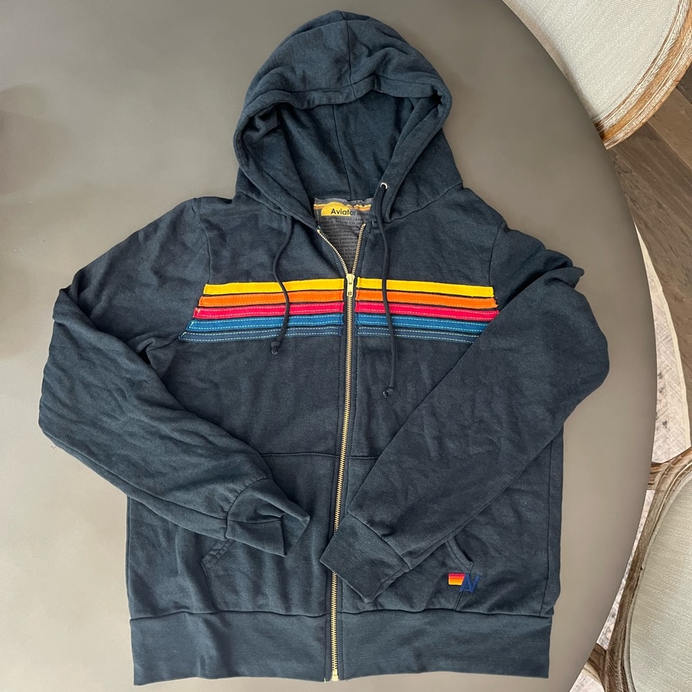 Aviator Nation Dark Blue Long Sleeve Full Zip 5 Stripes Hoodie Size Large